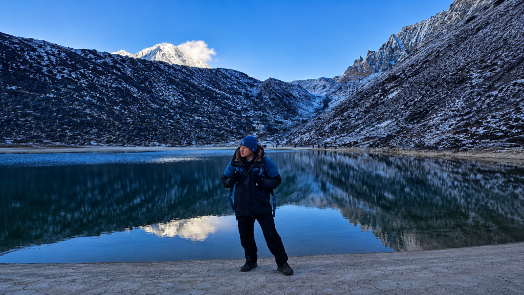 Samiti Lake Goechala Trek sacred glacier lake at 4300 meters with Mt. Pandim reflection