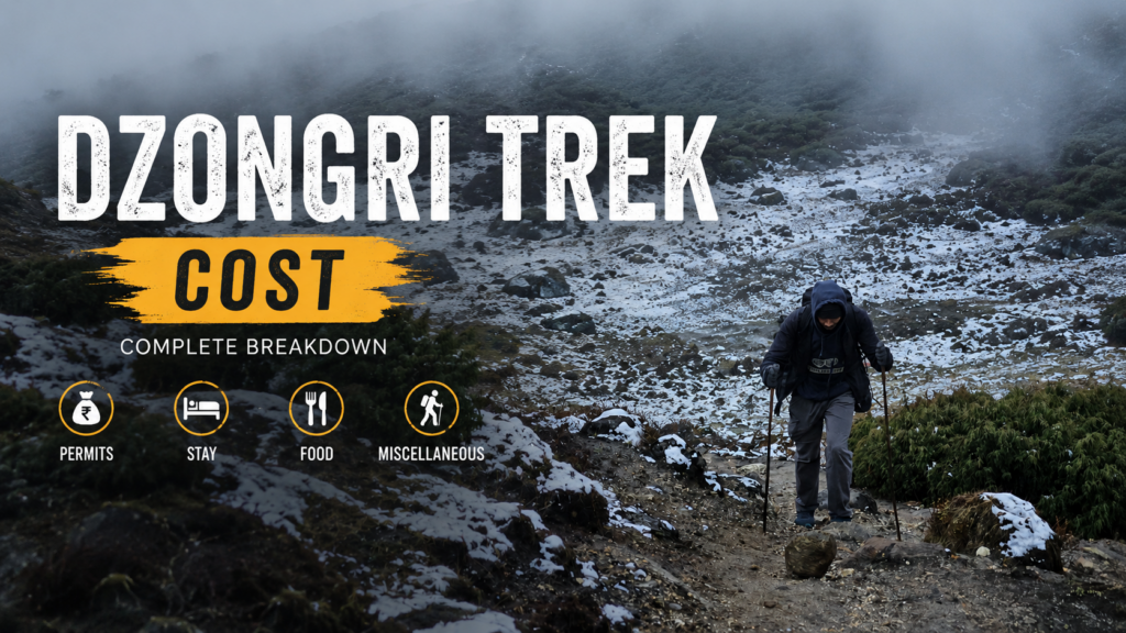 Dzongri trek cost breakdown with mountain views and camping gear