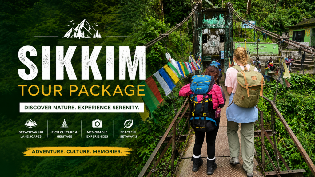 Sikkim tour package — Kanchenjunga view from Gangtok with Buddhist prayer flags in foreground